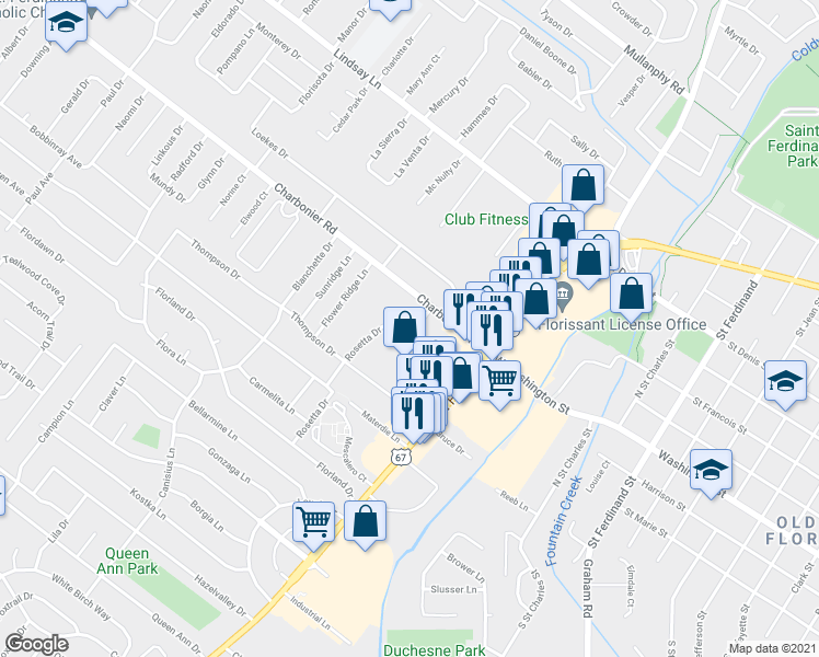 map of restaurants, bars, coffee shops, grocery stores, and more near 617 Rosetta Drive in Florissant
