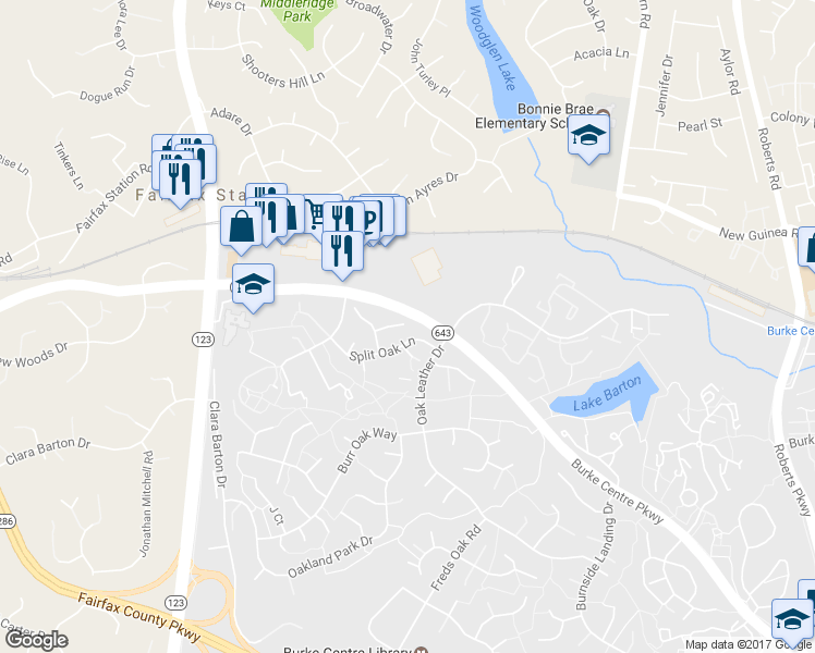 map of restaurants, bars, coffee shops, grocery stores, and more near 10801 Oak Wilds Court in Burke