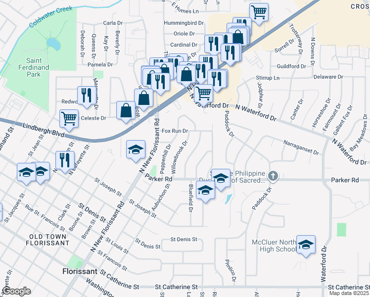 map of restaurants, bars, coffee shops, grocery stores, and more near 1420 Willowbrook Drive in Florissant