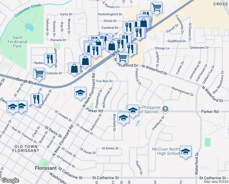 map of restaurants, bars, coffee shops, grocery stores, and more near 1420 Willowbrook Drive in Florissant