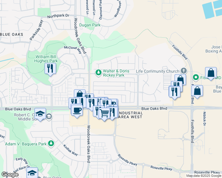 map of restaurants, bars, coffee shops, grocery stores, and more near 1610 Grey Bunny Drive in Roseville