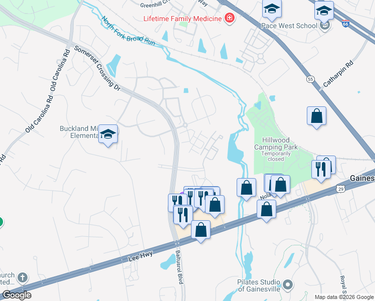 map of restaurants, bars, coffee shops, grocery stores, and more near 7390 Brunson Circle in Gainesville