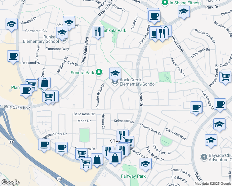 map of restaurants, bars, coffee shops, grocery stores, and more near 6510 Timberline Way in Rocklin