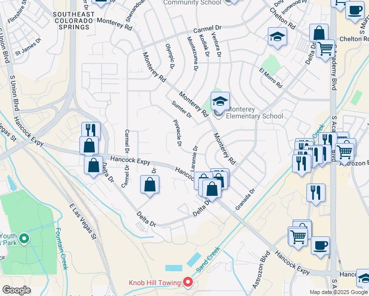 map of restaurants, bars, coffee shops, grocery stores, and more near 3024 Pinnacle Drive in Colorado Springs
