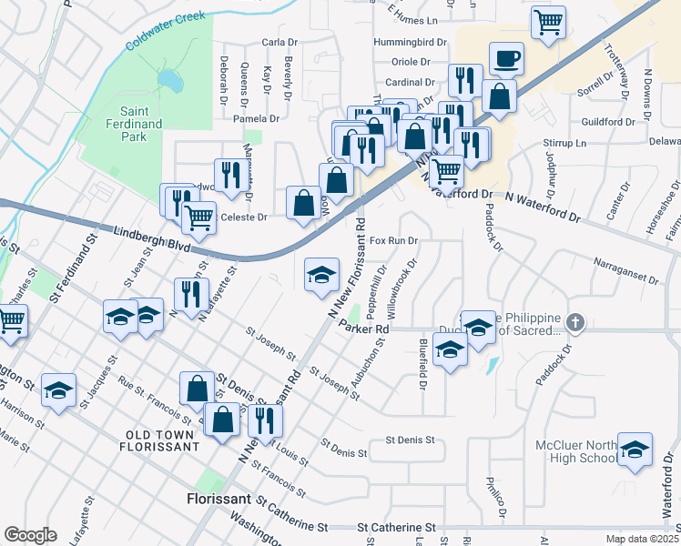 map of restaurants, bars, coffee shops, grocery stores, and more near 1425 North New Florissant Road in Florissant