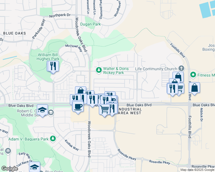 map of restaurants, bars, coffee shops, grocery stores, and more near 1634 Grey Bunny Drive in Roseville