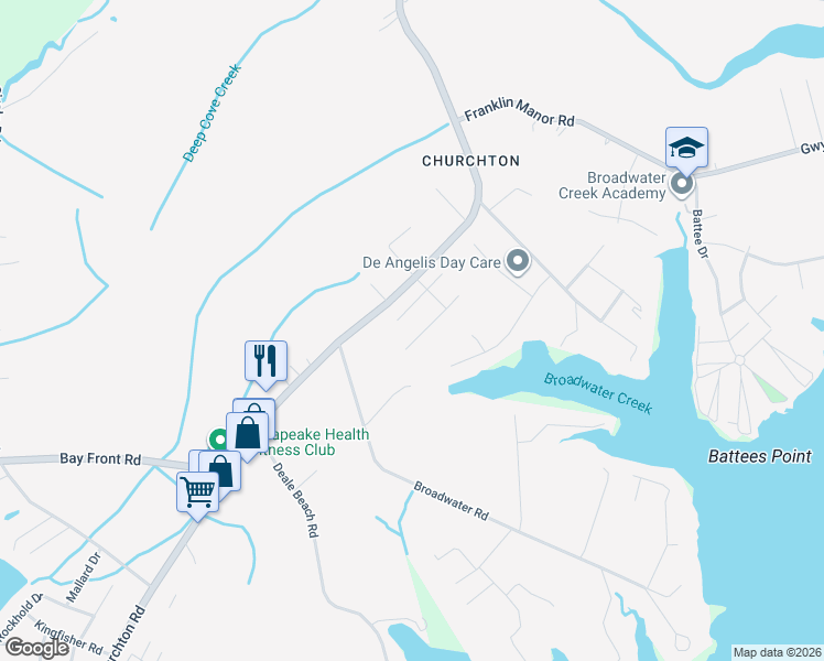 map of restaurants, bars, coffee shops, grocery stores, and more near 5610 Lee Way Court in Deale