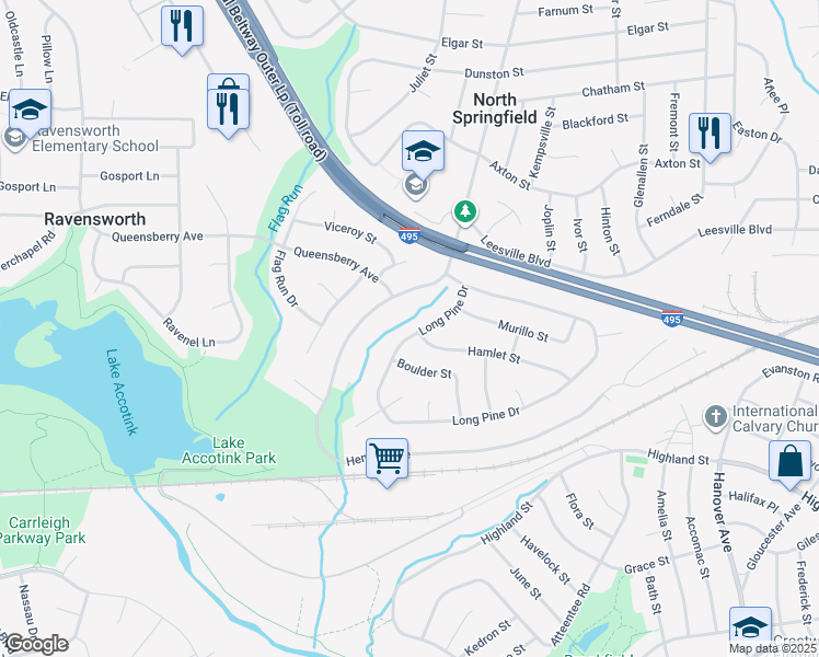 map of restaurants, bars, coffee shops, grocery stores, and more near 7655 Long Pine Drive in Springfield