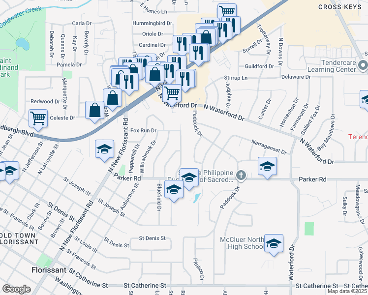 map of restaurants, bars, coffee shops, grocery stores, and more near 1420 Burning Tree Drive in Florissant