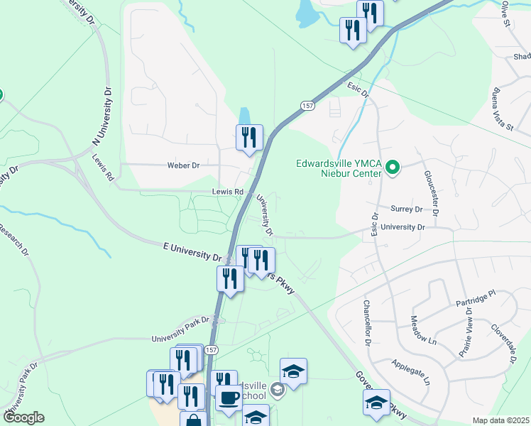 map of restaurants, bars, coffee shops, grocery stores, and more near 1 East University Drive in Edwardsville