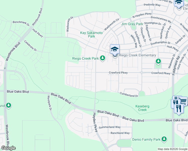 map of restaurants, bars, coffee shops, grocery stores, and more near 4900 Phillip Road in Roseville