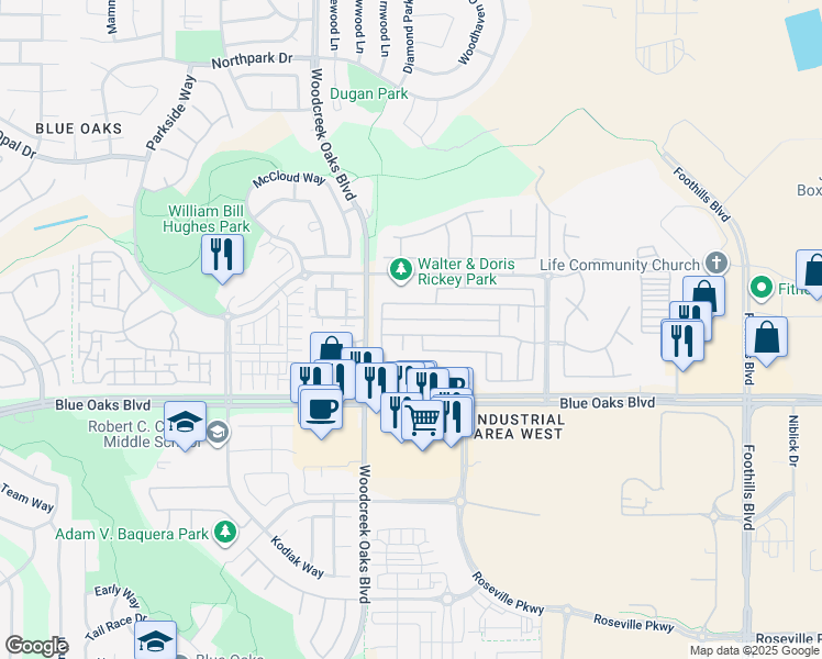 map of restaurants, bars, coffee shops, grocery stores, and more near 1682 Grey Bunny Drive in Roseville