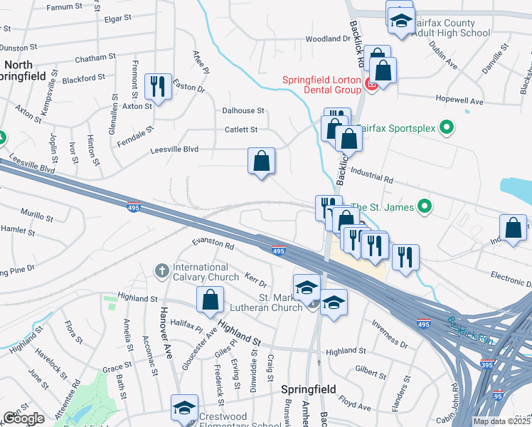 map of restaurants, bars, coffee shops, grocery stores, and more near 7074 Skyles Way in North Springfield