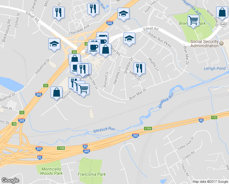 map of restaurants, bars, coffee shops, grocery stores, and more near 5625 Hershey Lane in Alexandria