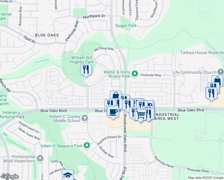 map of restaurants, bars, coffee shops, grocery stores, and more near 1280 Impressionist Loop in Roseville