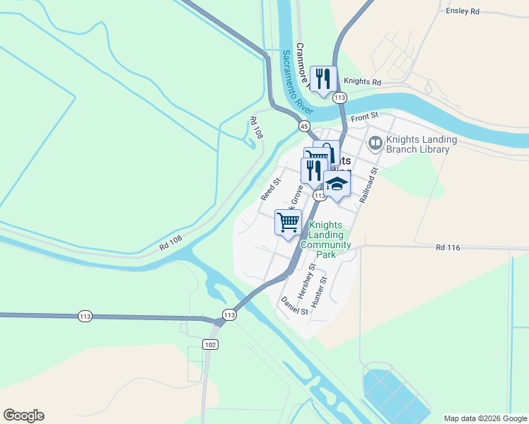 map of restaurants, bars, coffee shops, grocery stores, and more near 9643 Reed Street in Knights Landing