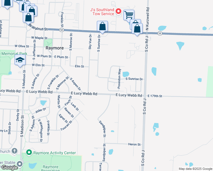 map of restaurants, bars, coffee shops, grocery stores, and more near 529 Saturn Drive in Raymore