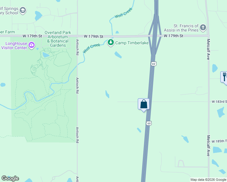 map of restaurants, bars, coffee shops, grocery stores, and more near 8190 West 183rd Street in Stilwell
