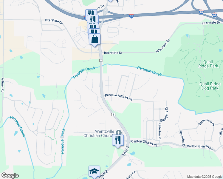 map of restaurants, bars, coffee shops, grocery stores, and more near 116 Peruque Valley Drive in Wentzville