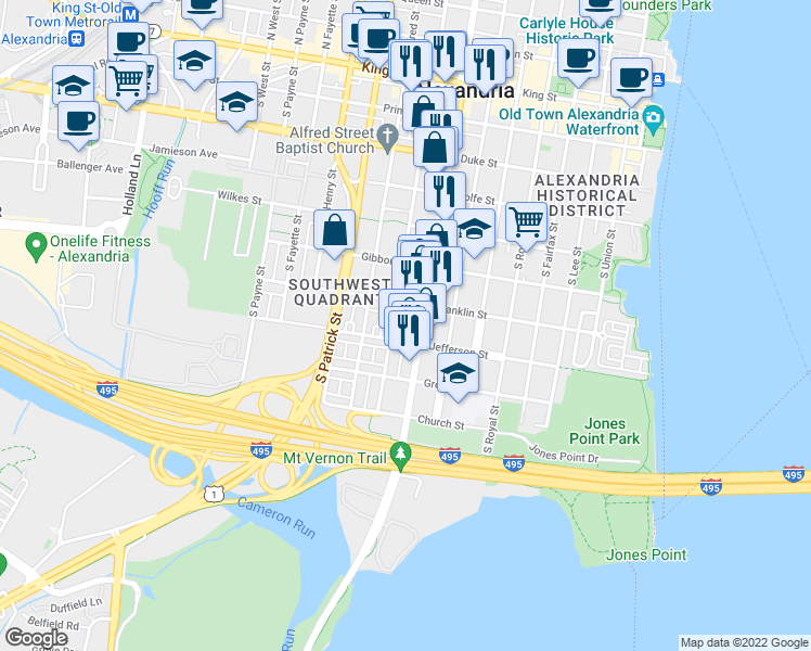 map of restaurants, bars, coffee shops, grocery stores, and more near 715 South Washington Street in Alexandria