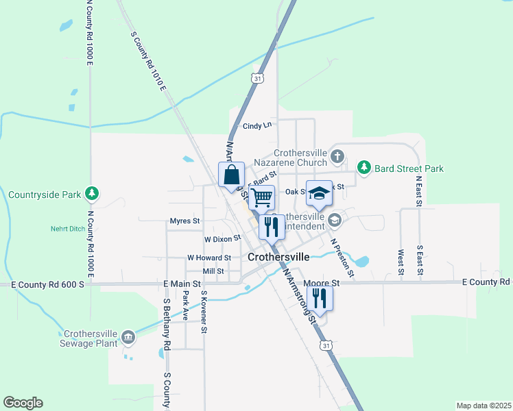 map of restaurants, bars, coffee shops, grocery stores, and more near 211 North Armstrong Street in Crothersville
