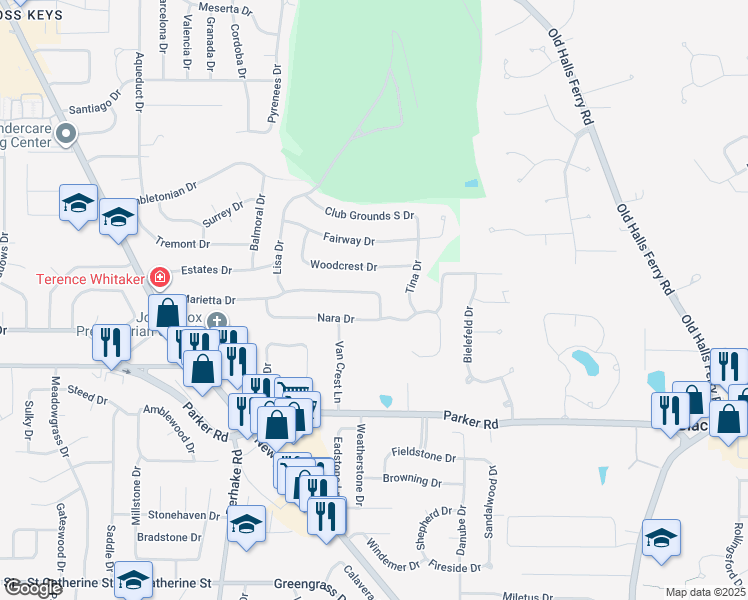 map of restaurants, bars, coffee shops, grocery stores, and more near 1395 Christy Drive in Florissant
