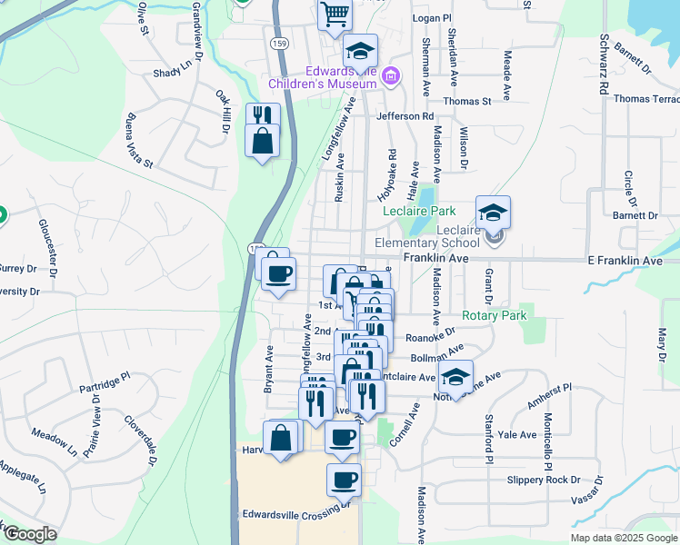 map of restaurants, bars, coffee shops, grocery stores, and more near 217 McKinley Avenue in Edwardsville