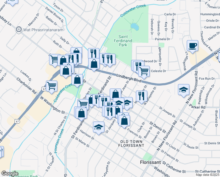map of restaurants, bars, coffee shops, grocery stores, and more near 3 Saint Pierre Court in Florissant