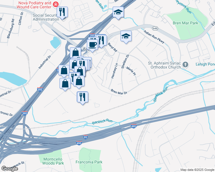 map of restaurants, bars, coffee shops, grocery stores, and more near 5626 Hershey Lane in Alexandria