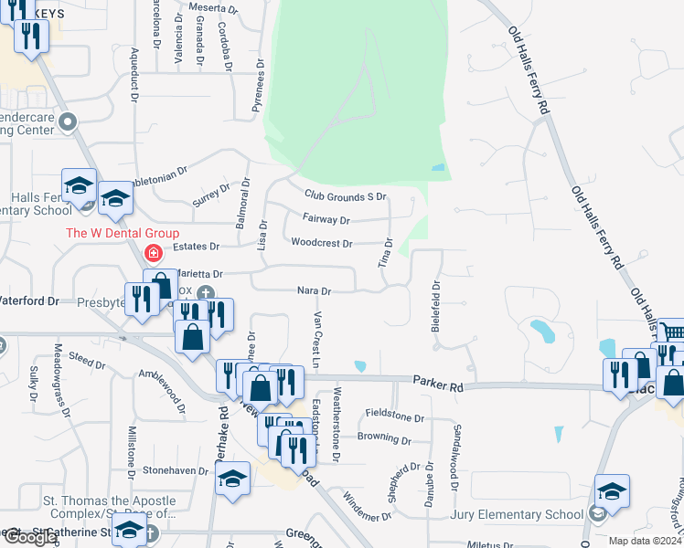 map of restaurants, bars, coffee shops, grocery stores, and more near 4080 Marietta Drive in Florissant