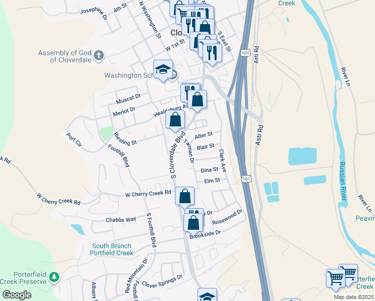map of restaurants, bars, coffee shops, grocery stores, and more near 480 North Cloverdale Boulevard in Cloverdale