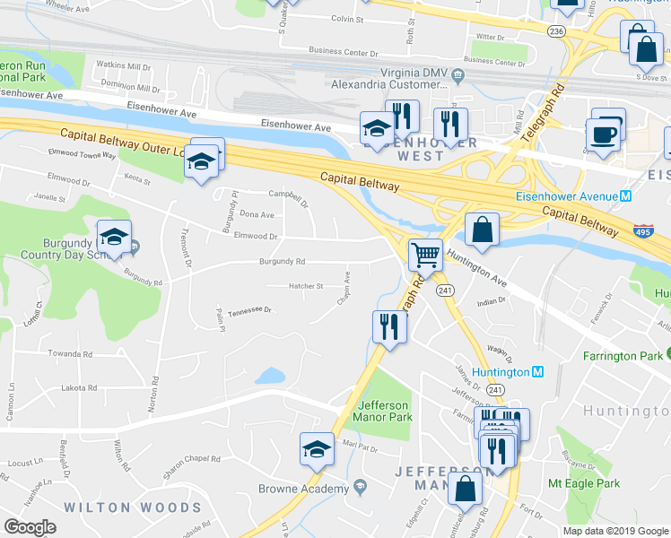 map of restaurants, bars, coffee shops, grocery stores, and more near 3111 Burgundy Road in Alexandria