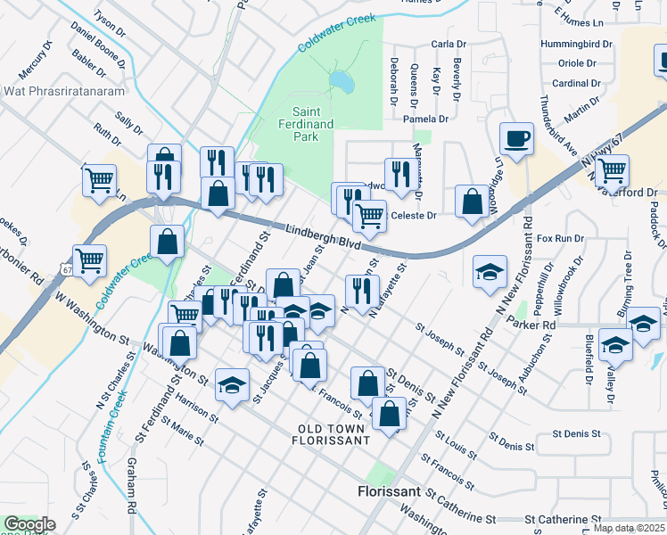map of restaurants, bars, coffee shops, grocery stores, and more near 469 Saint Joseph Street in Florissant