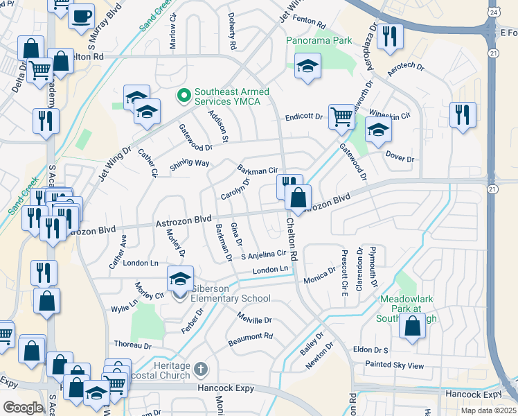 map of restaurants, bars, coffee shops, grocery stores, and more near 2455 Nadine Drive in Colorado Springs