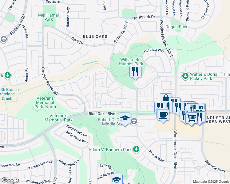 map of restaurants, bars, coffee shops, grocery stores, and more near 1610 Eskaton Loop in Roseville