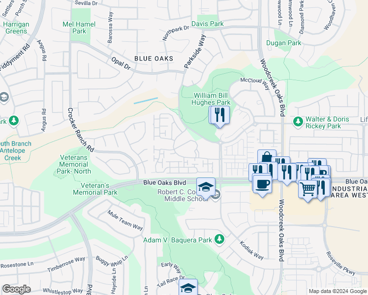 map of restaurants, bars, coffee shops, grocery stores, and more near 1610 Eskaton Loop in Roseville