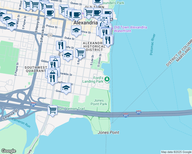 map of restaurants, bars, coffee shops, grocery stores, and more near 101 Franklin Street in Alexandria