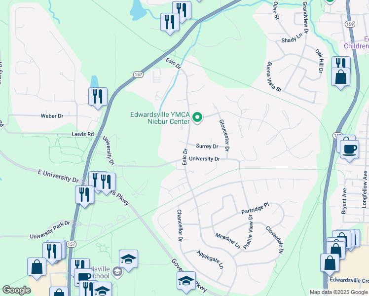 map of restaurants, bars, coffee shops, grocery stores, and more near 10 Pine Hollow Court in Edwardsville