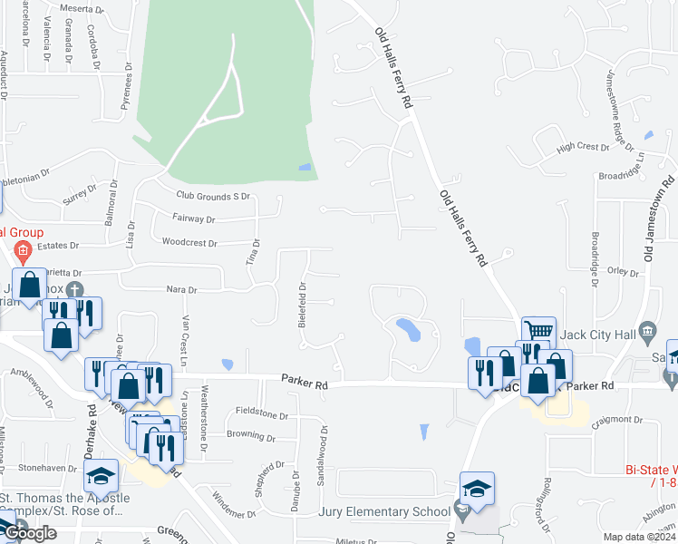 map of restaurants, bars, coffee shops, grocery stores, and more near 23 Wild Ridge Manor Court in Florissant