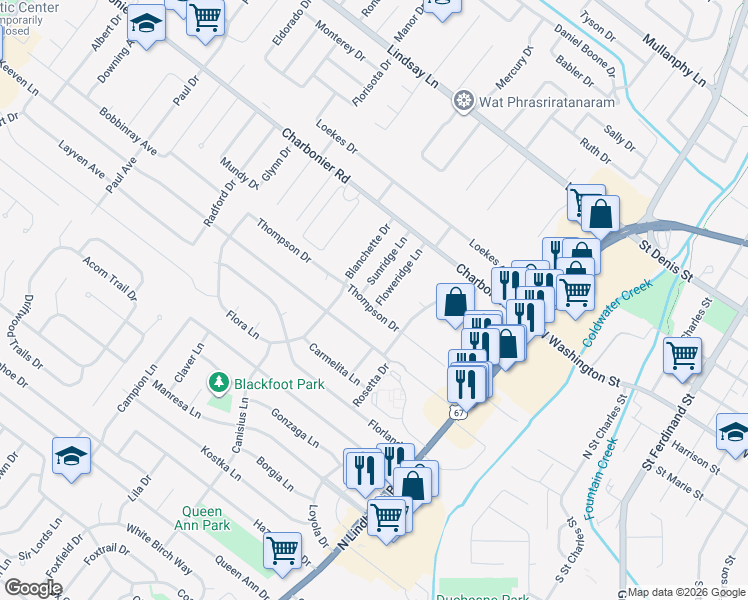 map of restaurants, bars, coffee shops, grocery stores, and more near 22 Flower Ridge Lane in Florissant