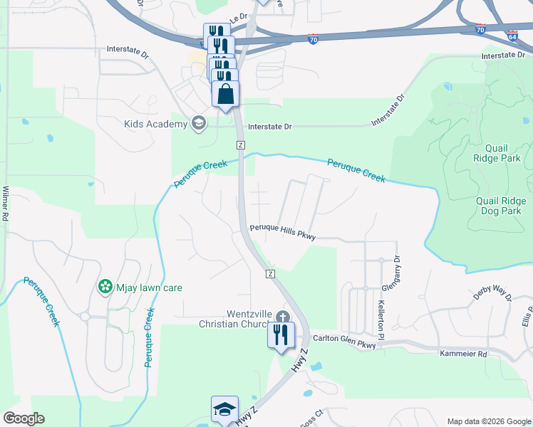 map of restaurants, bars, coffee shops, grocery stores, and more near 116 Peruque Valley Drive in Wentzville