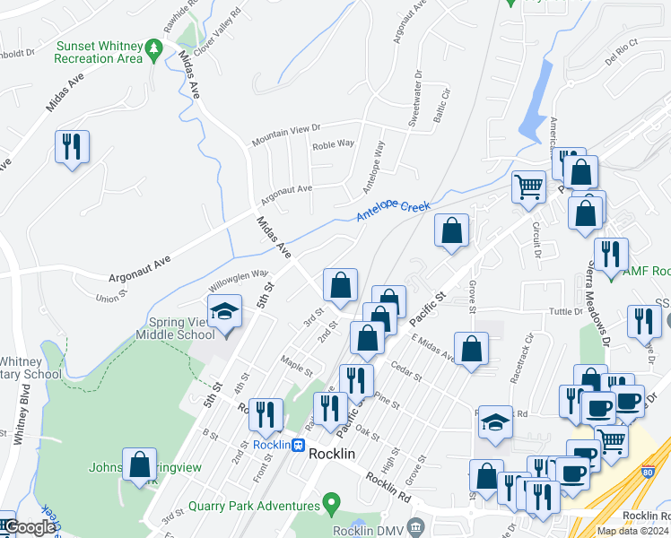 map of restaurants, bars, coffee shops, grocery stores, and more near 3406 Meadow Way in Rocklin
