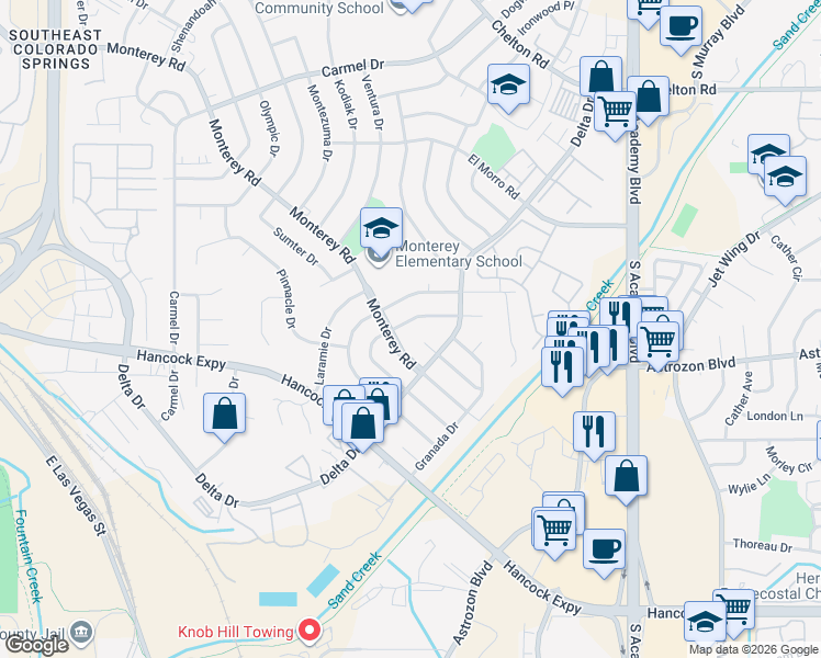 map of restaurants, bars, coffee shops, grocery stores, and more near 2401 Ember Drive in Colorado Springs