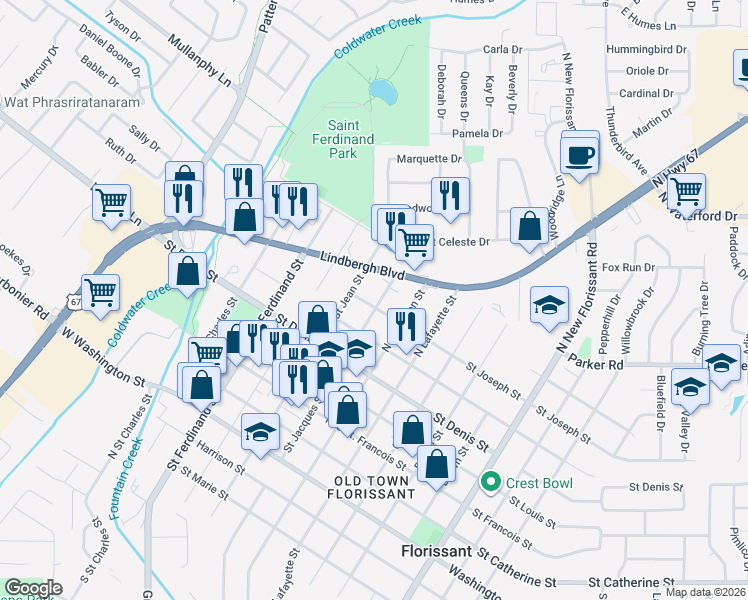 map of restaurants, bars, coffee shops, grocery stores, and more near 469 Saint Joseph Street in Florissant