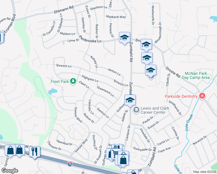 map of restaurants, bars, coffee shops, grocery stores, and more near 3229 Highgate Lane in Saint Charles