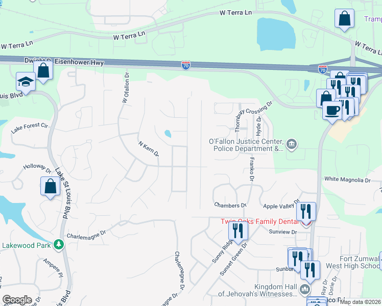 map of restaurants, bars, coffee shops, grocery stores, and more near 8 North Meadow Drive in O'Fallon
