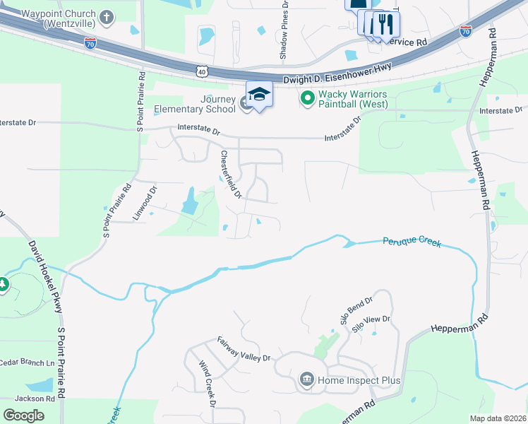 map of restaurants, bars, coffee shops, grocery stores, and more near 619 Fair Bluff Drive in Wentzville