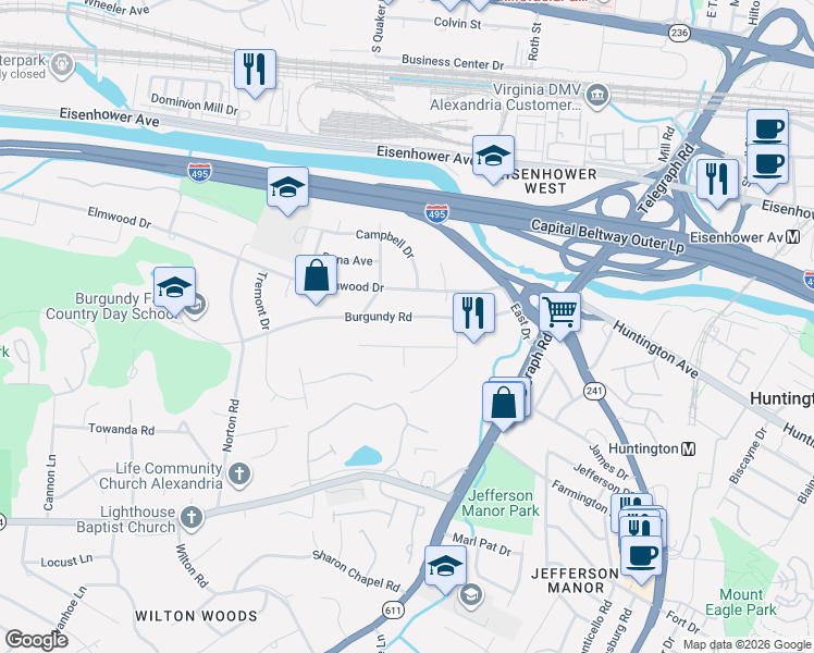 map of restaurants, bars, coffee shops, grocery stores, and more near 3201 Burgundy Road in Alexandria