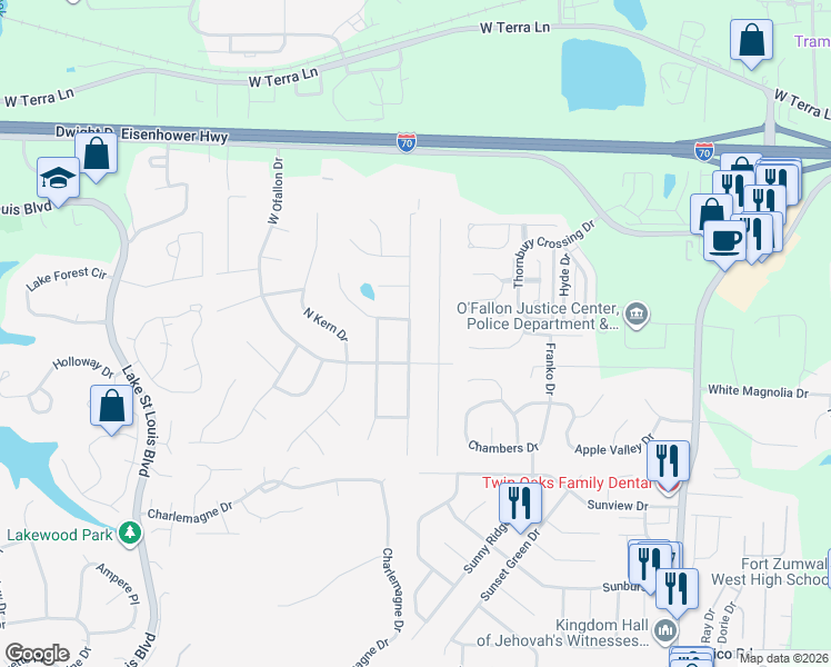 map of restaurants, bars, coffee shops, grocery stores, and more near 8 North Meadow Drive in O'Fallon