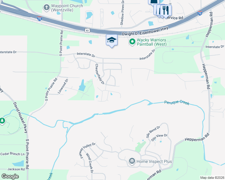 map of restaurants, bars, coffee shops, grocery stores, and more near 615 Fair Bluff Drive in Wentzville